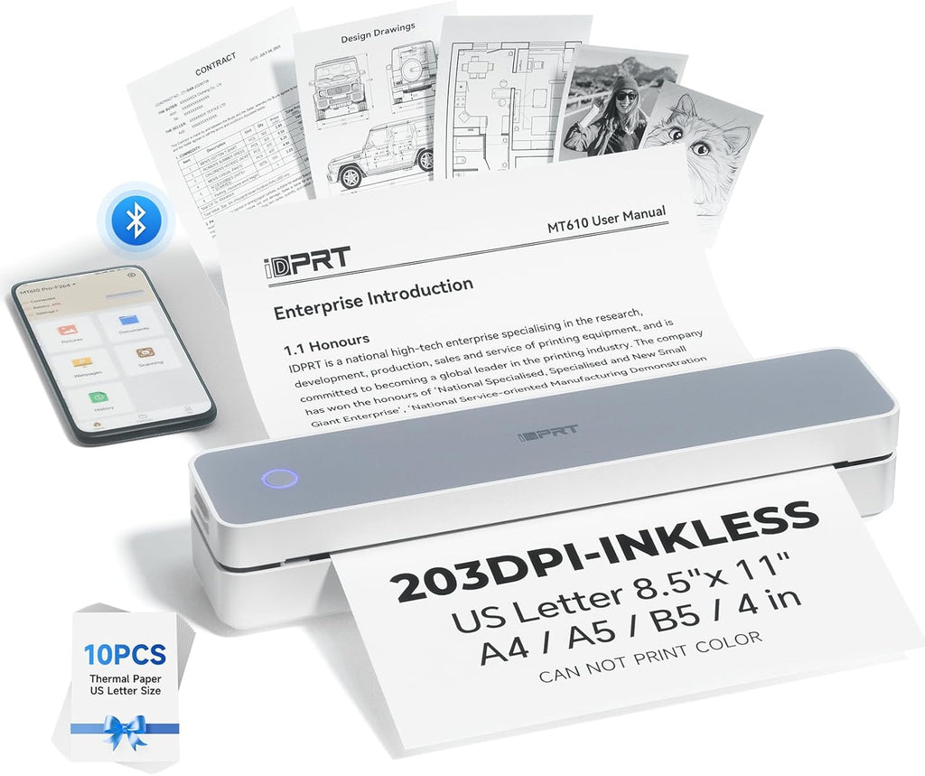 iDPRT Portable Printer Wireless for Travel - 203DPI Bluetooth Mobile Printer Support for 8.5"x11" US Letter, Inkless Compatible with iOS, Android, Laptop for Office, Car and Home, School