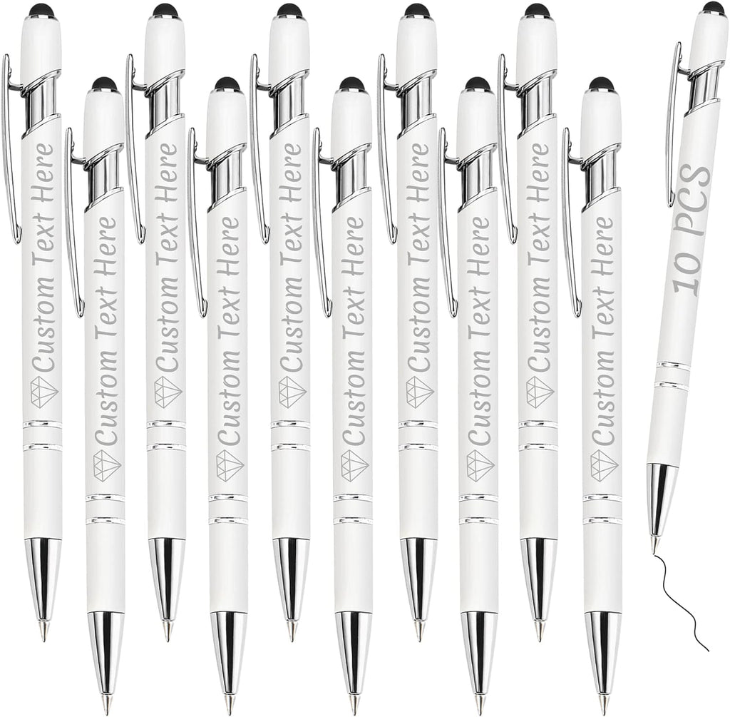 Personalized Pens Bulk 10 with Name Custom Engraving Ballpoint Pens with Stylus Tip Customized Smooth Writing Pens Personalized Gifts for Anniversary Birthday or Graduation(White,Black Ink)