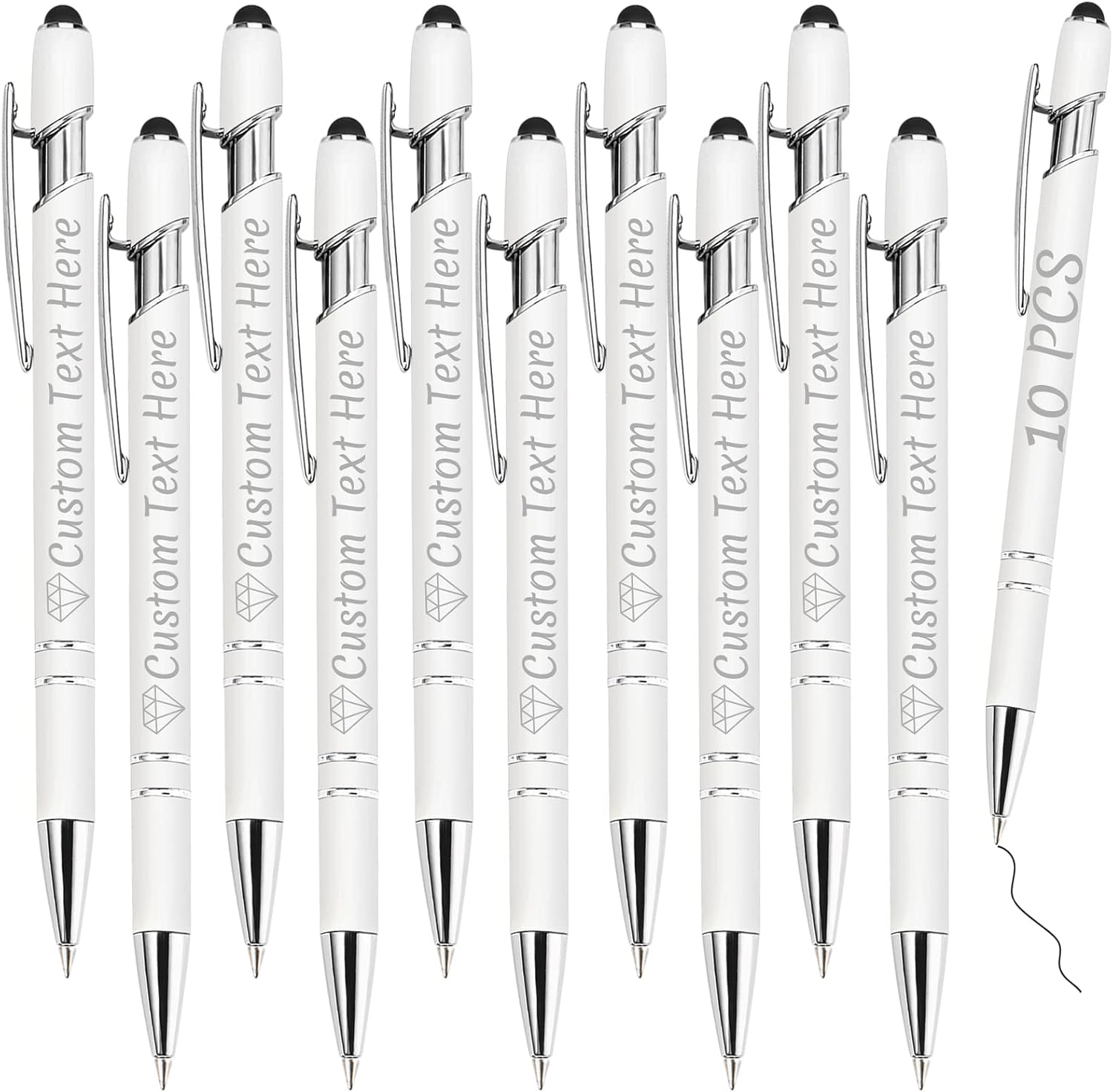 Personalized Pens Bulk 10 with Name Custom Engraving Ballpoint Pens with Stylus Tip Customized Smooth Writing Pens Personalized Gifts for Anniversary Birthday or Graduation(White,Black Ink)