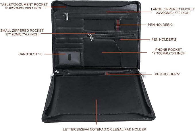 AZXCG Resume Portfolio,Zippered Padfolio Document Holder Business Folder Organizer, Faux Leather Matte Finish -Black (Customize)