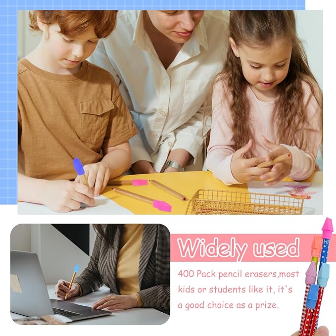 PRALB 400PCS Chisel Shape Pencil Eraser Caps Pencil Erasers Assorted Colors for Party Favors Games Prizes Pencil Top Erasers Home School Office, Color 2