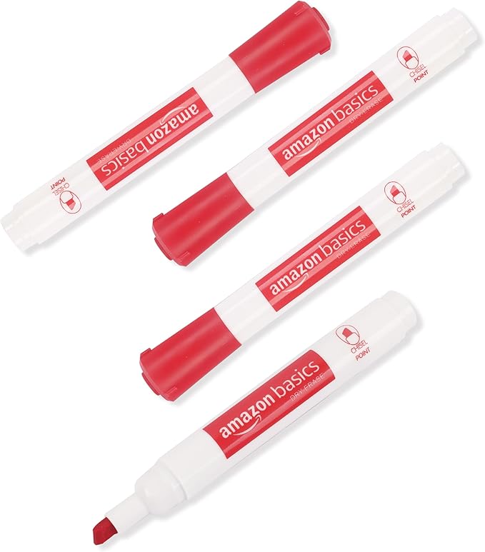 Amazon Basics Dry Erase Markers For Whiteboards, Chisel Tip, Low-Odor, Red, Pack of 12