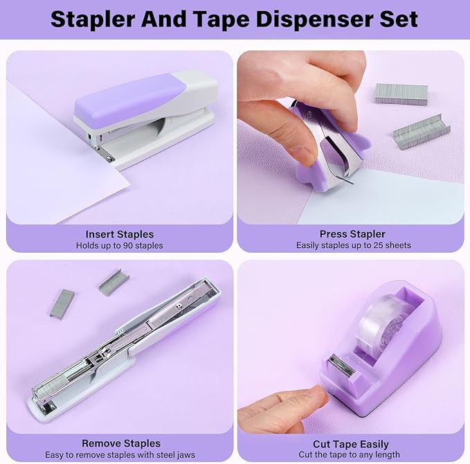 Purple Office Supplies Set 14pcs - Cute Desk Supplies Kit, Stapler and Tape Dispenser Set, Office Essentials Desk Accessories Aesthetic for Women, Students, Teacher