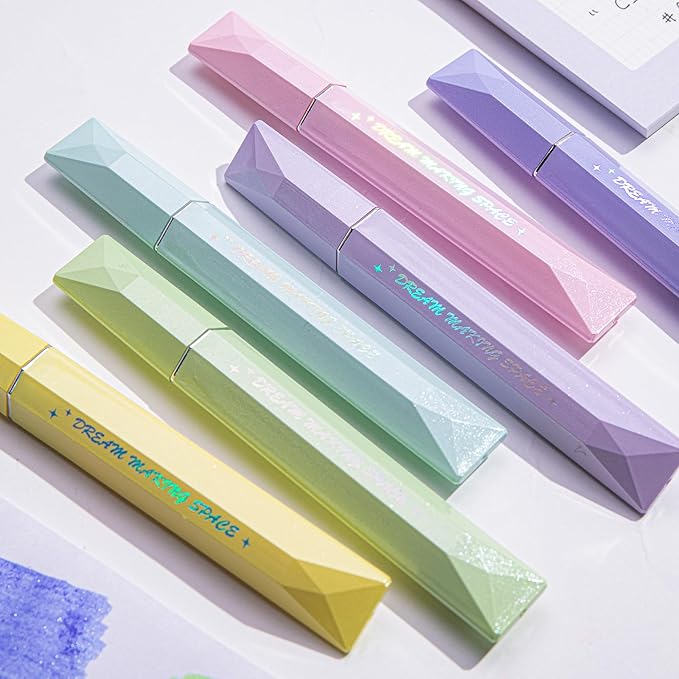 COLNK Glitter Pastel Highlighter,Set of 6 Pcs Cute Aesthetic Highlighters Assorted Colors,Chisel Tip,Metallic Highlighters for Journal Planner, Highlighting, Note-taking,Glitter Ink A