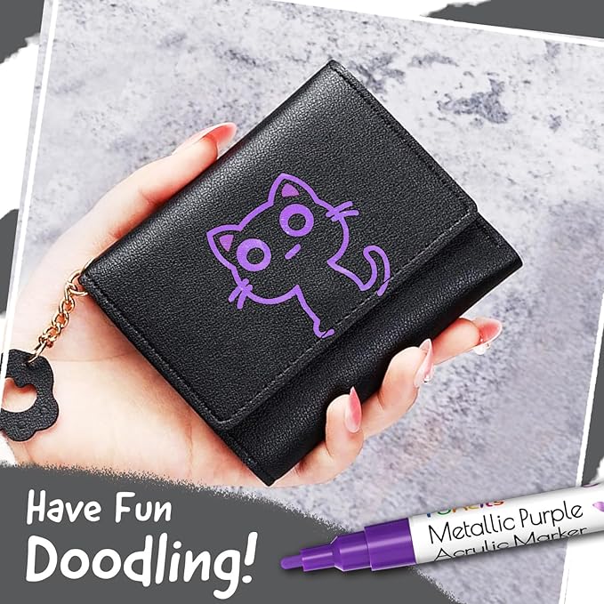 5 Metallic Acrylic Purple Paint Pen - Extra Fine Tip, Thin & Jumbo (1mm, 3mm, 6mm, 10mm, 15mm) - Markers for Fabric, Metal, Plastic, Canvas, Wood, Rock Painting, Glass, Purple Permanent Marker