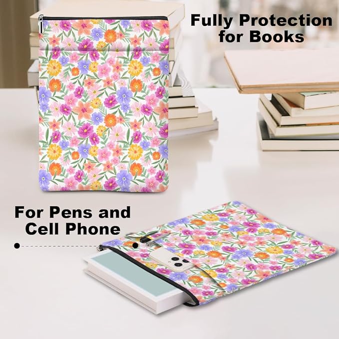 Watercolor Floral Pattern Book Lovers Gifts Waterproof Book Sleeve Book Pouch Book Protector with Zipper and Front Pocket BookCover Case for Women Girl Bride Grandma Book Accessories Book Club Gifts