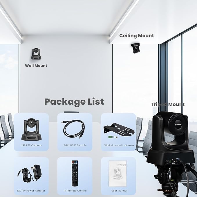 3X Optical Zoom PTZ Camera HDMI USB 3.0 1080P 60fps 114-Degree Wide-Angle for Video Conference Business Meeting Live Streaming Online Learn with Zoom Skype Teams OBS and More