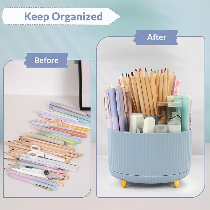 SKYDUE 360 Degree Rotating Desk Organizer, Dual-Purpose Pencil Pen Holder with 5 Slots, Pencil Cup for Office, School, Home (Airy Blue)