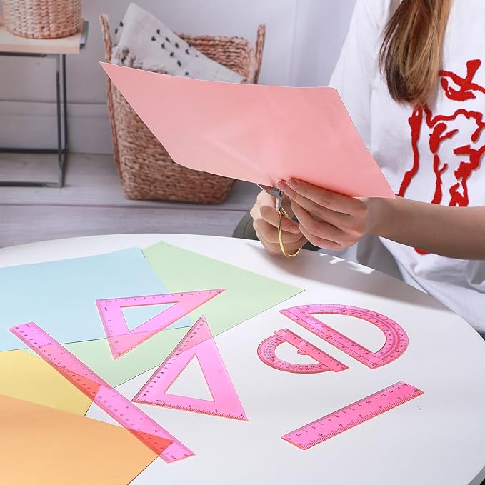 Tenare 6 Pcs Plastic Ruler Math Set Includes 12 Inch 6 Inch Straight Ruler Protractor Triangle Rulers Geometry Transparent Math Ruler Measuring Tools for School Office Home(Pink)