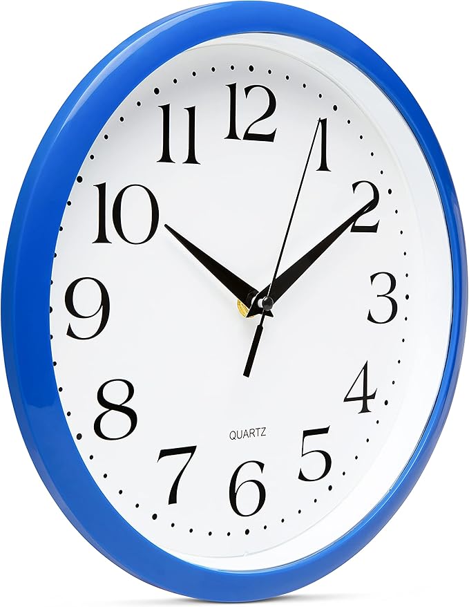 Bernhard Products 10 Inch Blue Quartz Analog Wall Clock - Silent, Easy to Read, Quality Construction, Simple Design, Lightweight, Easy to Hang, Battery Operated
