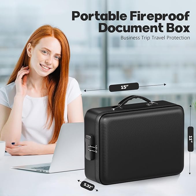 Fireproof Document Box with Water-Resistant Zipper, Hard Case Fireproof Box with Lock, Portable Hard-Shell Fire Safe Box, Large Capacity File Organizer for Important Documents, Laptop (Black, M)