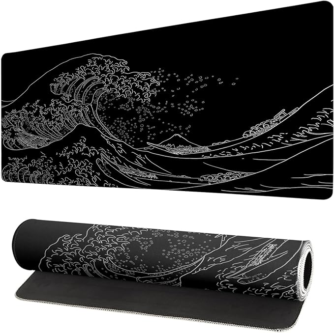 Extended Gaming Mouse Pad, Large Gaming Mouse Waterproof with Stitched Edges, Non-Slip Desktop Pad for Home and Office, Level Up Your 31.5x11.8 Inch… (Black Wave)