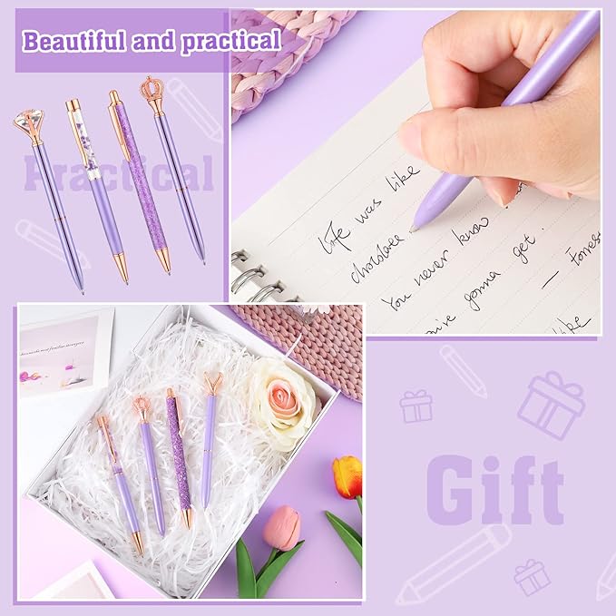 BESARME 4 Pcs Purple Pens Set, Mother's Day Gifts Purple Gifts for Women Girls Crystal Diamond Fancy Pens Christmas Gift for Women Black Ink Pretty Cute Pens for School Wedding Office Supplies