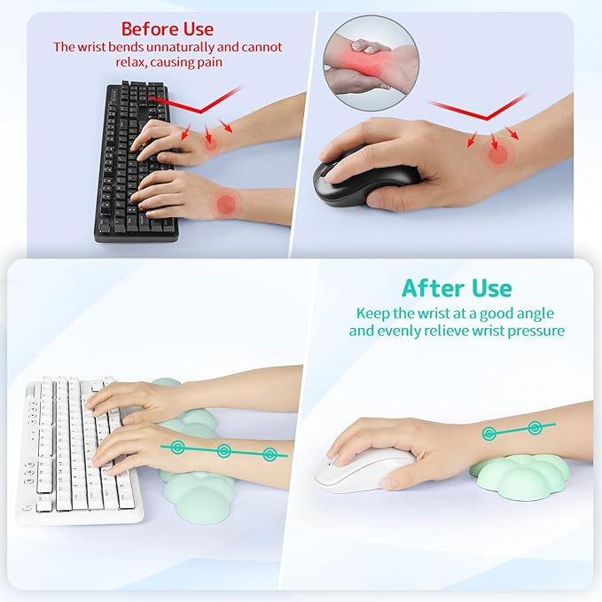 Cloud Wrist Rest Keyboard, Cloud Palm Rest Set with PU Leather Memory Foam, Cute Keyboard Rest for Wrist Support and Arm Rest, Desk Cloud Wrist Pad for PC/Gaming/Laptop/Computer-Light Green