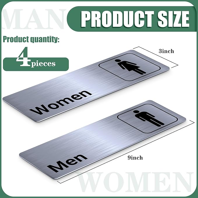 Brushed Aluminum Restroom Signs, Men and Women Modern Restroom Sign, 9 x 3 Inch Bathroom Door Signage Decor for Offices Business Restaurants (4 Pcs)
