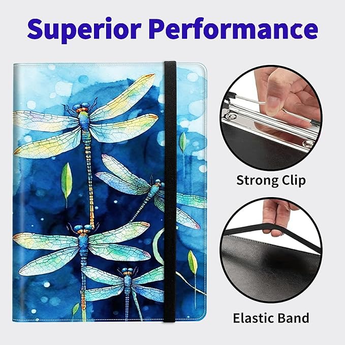 Dragonfly PU Leather Padfolio Clipboard Notepad with Pen Loop and Elastic Strap Interview/Resume Document Organizer for Business School Office