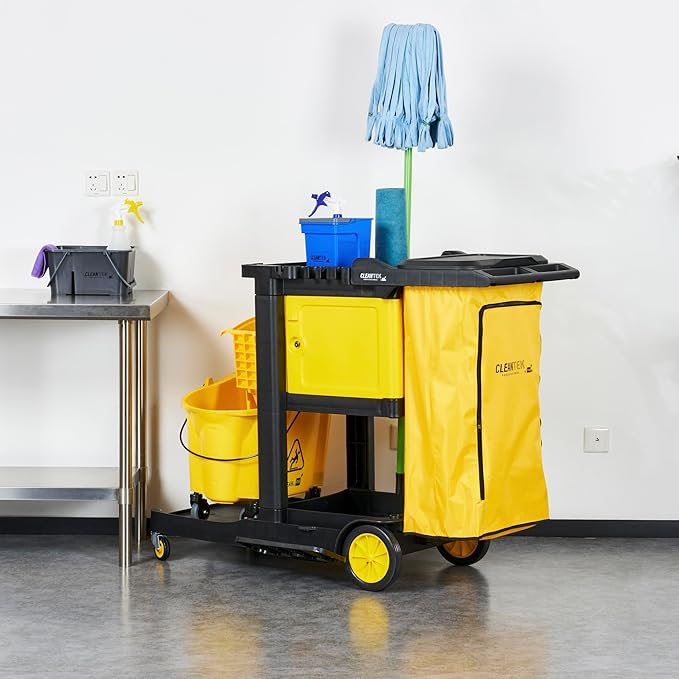 Restaurantware-Clean Tek Professional 3-Shelf Janitor Cart with Wheels, 1 Cleaning Trolley with Cover and 21 Gallon Bag - Includes 1 Single Locking Cabinet, Heavy-Duty, Gray Plastic Janitorial Cart