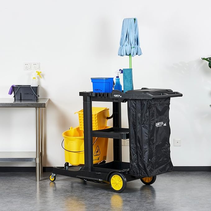 Restaurantware-Clean Tek Professional Janitor Cart with Wheels, 1 Cleaning Trolley with Cover and 21 Gallon Bag - 3 Shelves, Heavy-Duty, Gray Plastic Commercial Janitorial Cart, for Restaurants