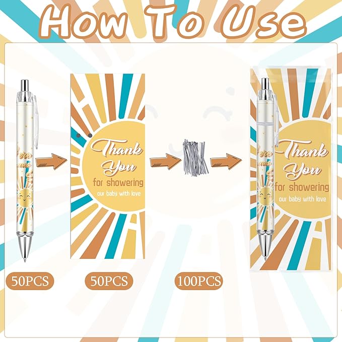 50 Sets Baby Shower Favors Gifts for Guests Includes 50 Rolling Paper Ballpoint Pens and 50 Greeting Thank You Bookmarks Baby Shower Party Favors (Here Comes The Sun)
