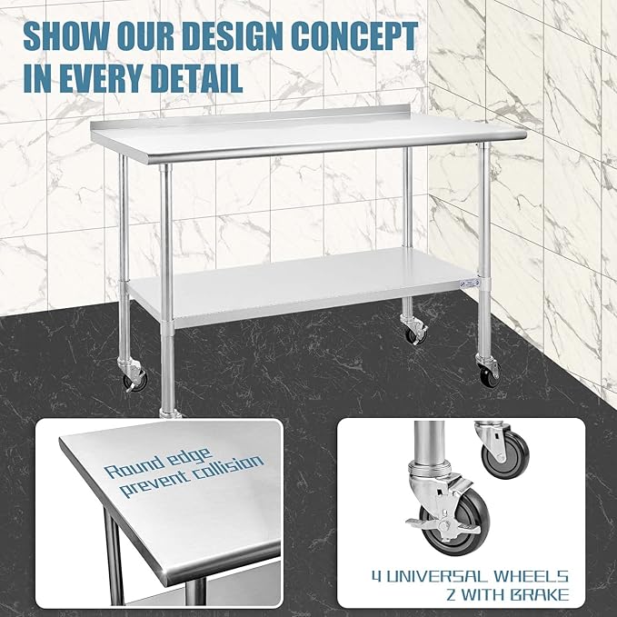 HALLY Stainless Steel Table for Prep & Work 24 x 60 Inches with Caster Wheels, NSF Commercial Heavy Duty Table with Undershelf and Backsplash for Restaurant, Home and Hotel