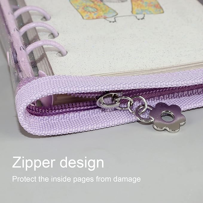 Purple A6 Binder Cover Clear Soft PVC 6-Ring Binder Budget Cash Evelopes System with Zipper Planner Organizer Loose Leaf Binder Folder Binder Pocket (Purple, A6)