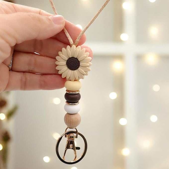 Flower Teacher Lanyards ID Badge and Key Chain, Cute Silicone Beads Lanyard for Women Nurse Work Student (Mocha)