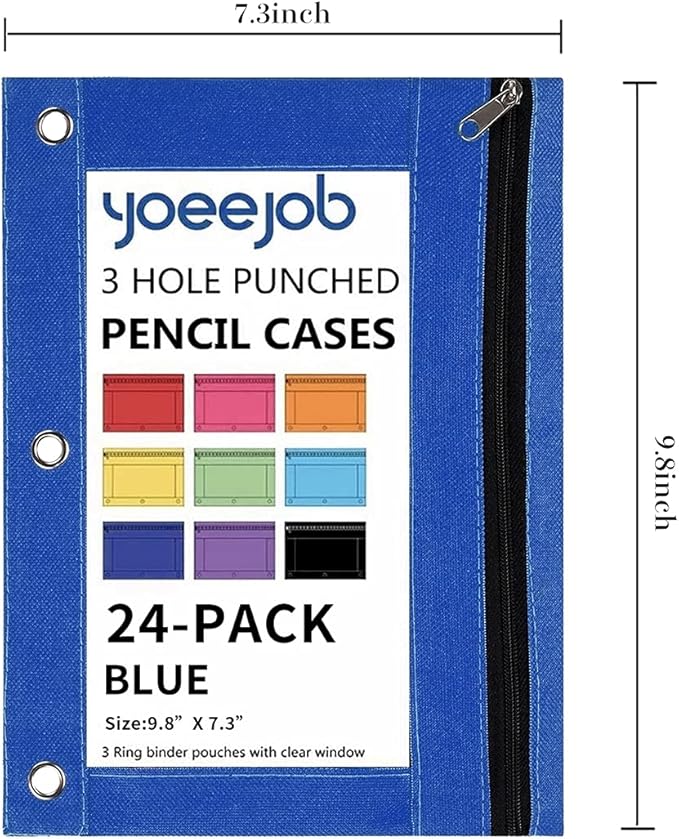 YoeeJob Binder Pouches for 3 Ring Binder, Pencil Pouch Pen Holder Case with Clear Window, Zipper Stationery Bag for School Class Office,24 Pack, Blue