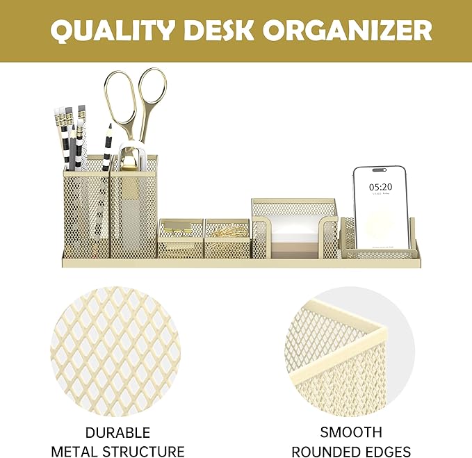 SUPEASY Pen Holder for Desk, 6 Piece Mesh Desk Organizer set, Desk Accessories for Office Organization with Mail Organizer, Letter Phone Holder, Sticky Notes Caddy Storage, Golden Yellow