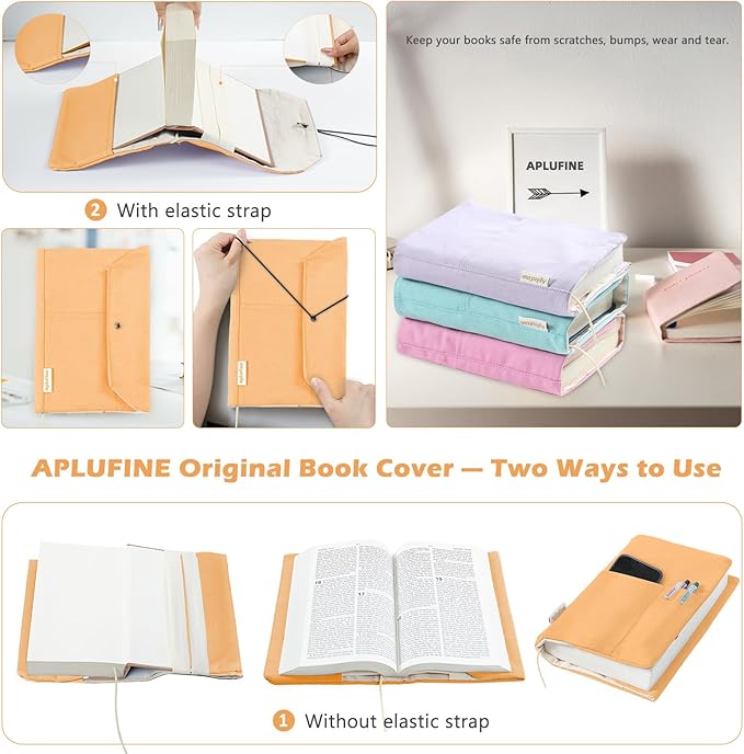 Canvas Book Covers, Washable Book Protector, Book Cover for Paperback Novels, Adjustable Book Cover for Hardcover with Pockets for Pen, Soft Cover Books, Book Lovers Gifts