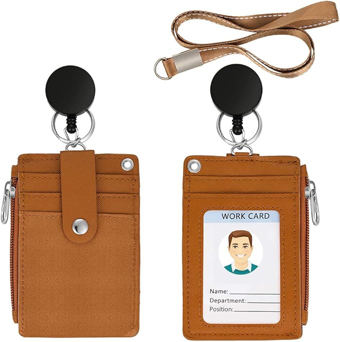 Cute ID Badge Holder Retractable Lanyard Reel Clip with Heavy Duty Carabiner, 5 Card Slots in 2 Sided with Key Ring and Zipper for Students Teens Boys Girls Office Staff Women (Brown)