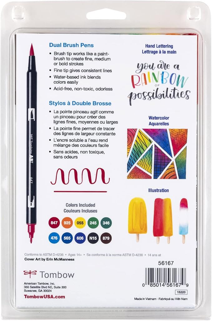 Tombow Dual Water Based Markers, Twin Tip, Primary Palette Assorted Inks, 10/Pack (56167)