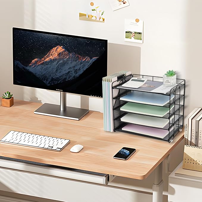OPNCIE Desk Organizers and Accessories, 5 Tier Paper Letter Tray File Organizer, Office Organization Storage Desk Accessories Workspace Desktop Organizer for Classroom Office Supplies Decor(Black)