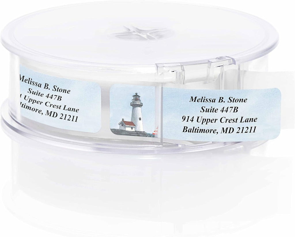 Lighthouse Designer Rolled Name & Address Labels with Elegant Plastic Dispenser