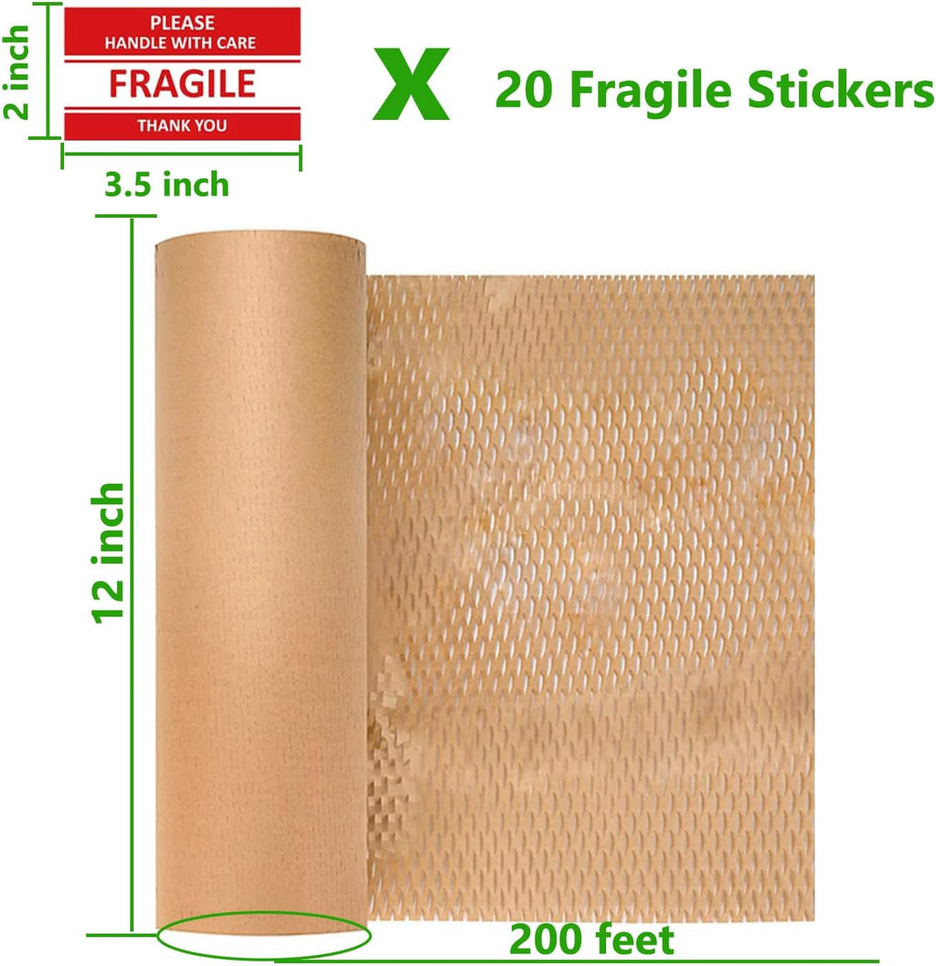 Honeycomb Packing Paper,12" W x 200' L Bubble Cushioning Wrap for Moving,Products & Gifts Wrapping Paper,Recyclable and Biodegradable Cushioning Packing Material with 20 Fragile Sticker Labels
