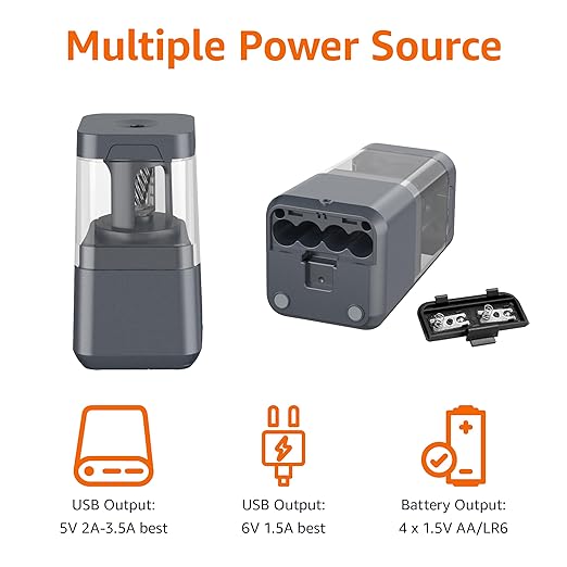 Amazon Basics Portable Electric Pencil Sharpener, Helical Blade, Auto Stop, Battery/USB Cord Operated, Black, 2.87 x 2.87 x 5.3 in