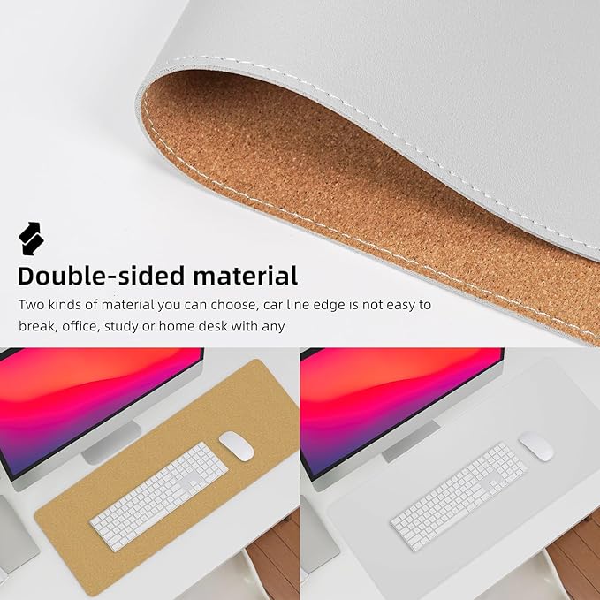 Leather Desk pad Protector, Large Desk mat with Natural Cork & PU Leather,Mouse pad,Non-Slip Office Desk Mat,Waterproof Desk Writing Pad for Office and Home (47in*17in, Ivory White)