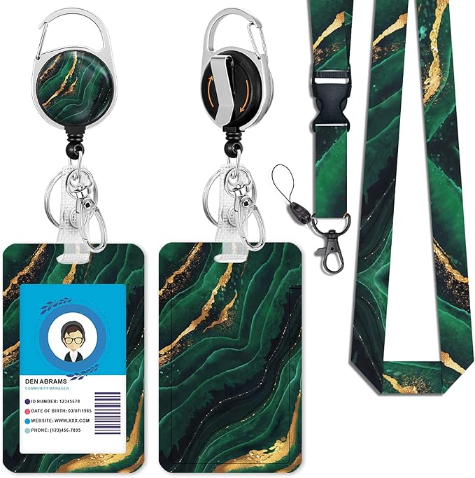 ID Badge Holder with Breakaway Lanyard, Retractable Badge Reel Heavy Duty, Cute Funny Green Marble Lanyards for ID Badges Ajustable, Teacher Nurse Work Office Gifts