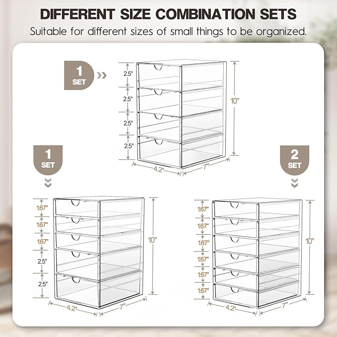 Acrylic Drawer Organizers - 21 Drawers 4 Set - Clear Storage Drawers for Office Supplies - Stackable Makeup Organizer - Dustproof Desk Organizers for Makeup, Jewelry, Pen, Stationary
