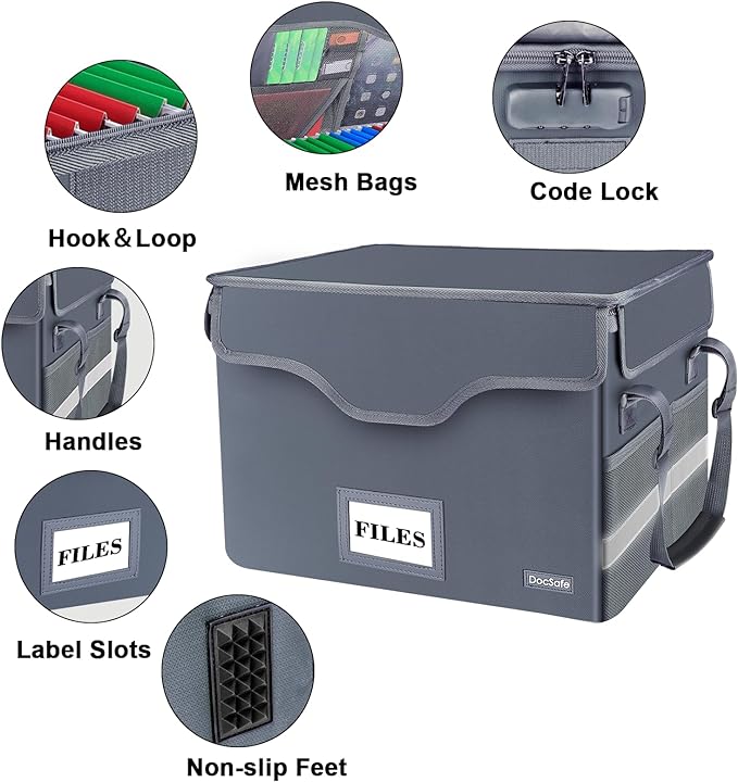 DocSafe File Box Fireproof Document Box with Lock, File Storage Organizer Box with Pockets,Collapsible Portable File Box Home Office File Cabinet with Handle for Hanging Letter/Legal Folder,Gray