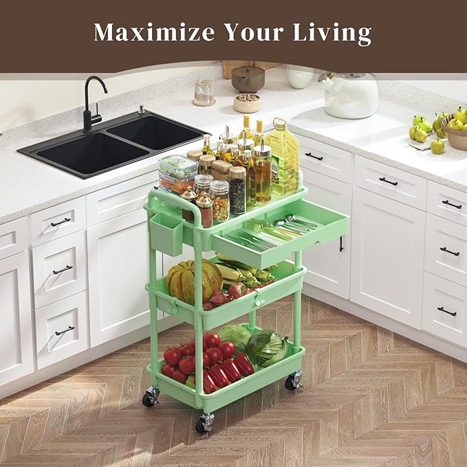 3 Tier Rolling Utility Cart with Drawer, Utility Storage Organizer with Plastic Shelf & Lockable Wheels Multifunctional Storage Cart for Kitchen, Bathroom, Office, Living Room, Green