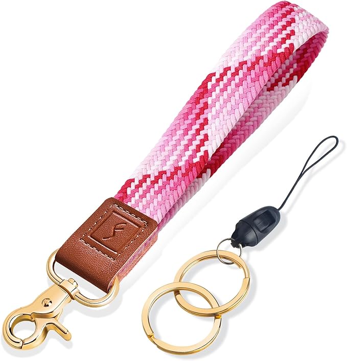 Fishent Stretchy Wristlet Keychain,Braided Cute Wrist Lanyards for Keys, Key Chain Holder for Women Men, Wrist Strap Keychain for Car Keys Phone Camera Wallet ID Badges Card (Strawberry Red)