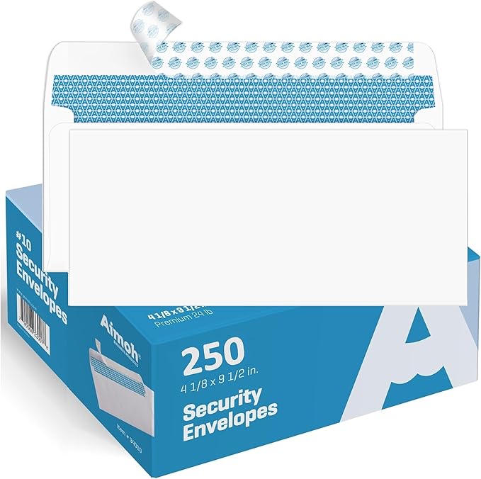 Aimoh #10 Security Self-Seal Envelopes, Windowless Design, Premium Security Tint Pattern, Ultra Strong Quick-Seal Closure - EnveGuard - Size 4-1/8 x 9-1/2 Inches - White -24 LB- 250 Count (34010-250)