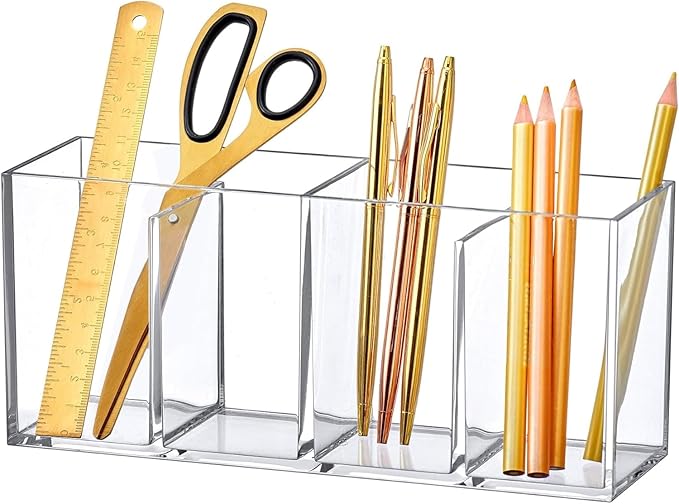 Amazing Abby - Penny - Acrylic 4-Compartment Pen Holder, Clear Plastic Organizer for Office Supplies, Perfect Office Desktop Storage Solution for Pencils, Pens, Markers, Scissors, and More