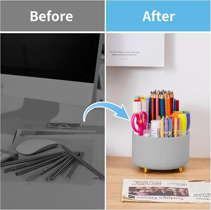 Marbrasse Desk Organizer, 360-Degree Rotating Pen Holder for Desk, Desk Organizers and Accessories with 5 Compartments Pencil Organizer, Art Supply Storage Box Caddy for Office, Home (Grey)