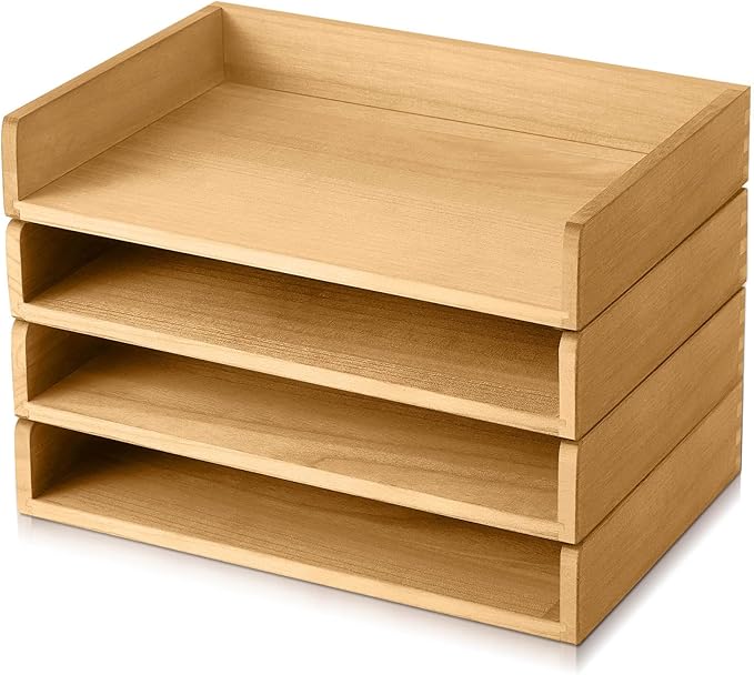 Yeaqee 4 Pcs Stackable Paper Tray Letter Tray Desktop Letter Size Wood Desk Organizer Office Wooden Desk Shelf Paper Holder Folder Organization Rack for Mail File Letter Document (Light Wood Color)