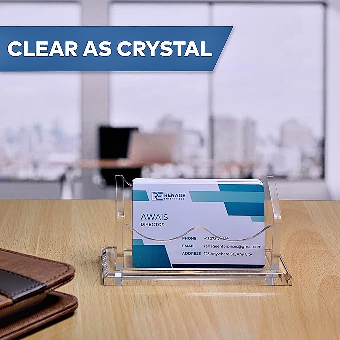 RENAGE Business Card Holder for Desk, Clear Acrylic, Horizontal 1- Slot with Thicker 8mm Base, Office Desk Organizer, Card Organizer, Desk Accessory