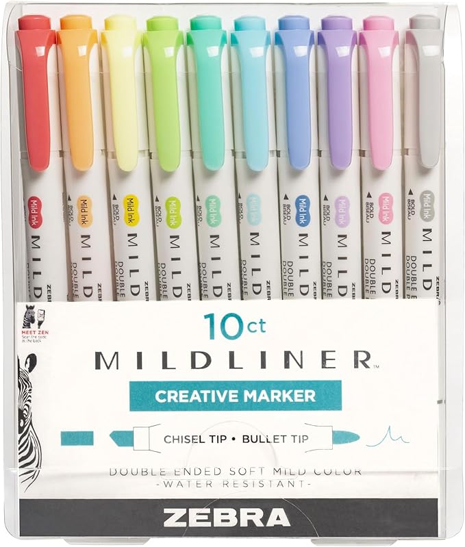 Zebra Mildliner Double Ended Highlighter, Assorted Ink Colors, Bold-Chisel/fine-Bullet Tips, Assorted Barrel Colors, 10/set