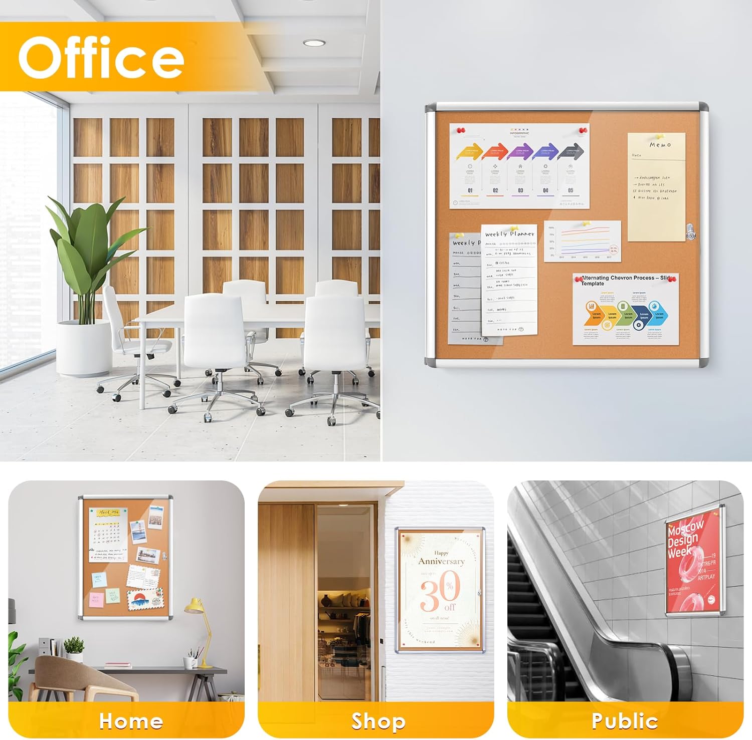 SWANCROWN Enclosed Bulletin Board 36x24 in, Tamperproof Lockable Cork Board Wall Display Case for Office School Home, Aluminum Frame