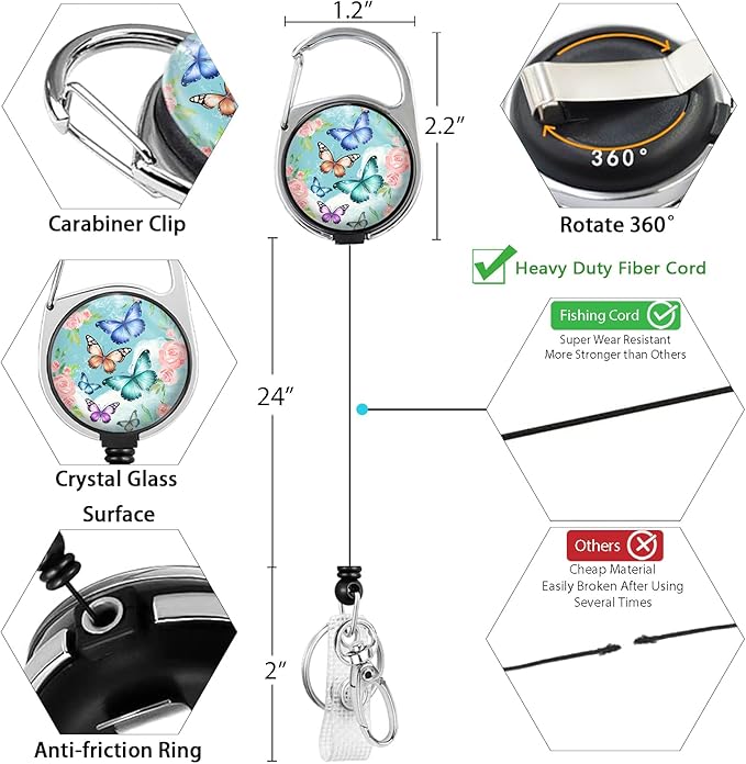 GIANCOMICS ID Badge Holder with Breakaway Lanyard, Cute Butterfly Lanyards for ID Badges ID Card Holder, Retractable Badge Reel Clips Heavy Duty Keychain Badge Lanyard, Teacher Nurse Work Office Gifts