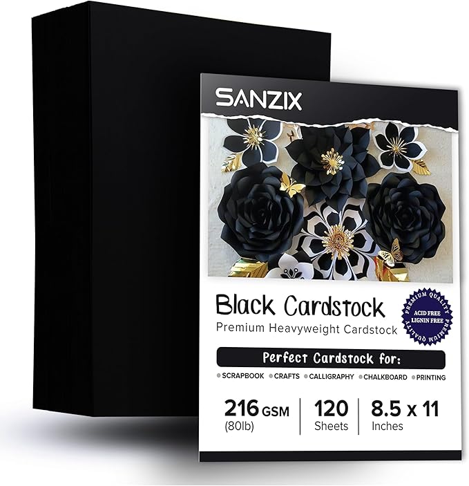 SANZIX 120 Sheets Black Cardstock Paper 8.5 x 11 80lb/216 GSM Cover Card Stock for Invitations, Drawing, Menus, Decorations, DIY Cards, Scrapbook, Calligraphy & Crafts | Heavyweight Printer Paper